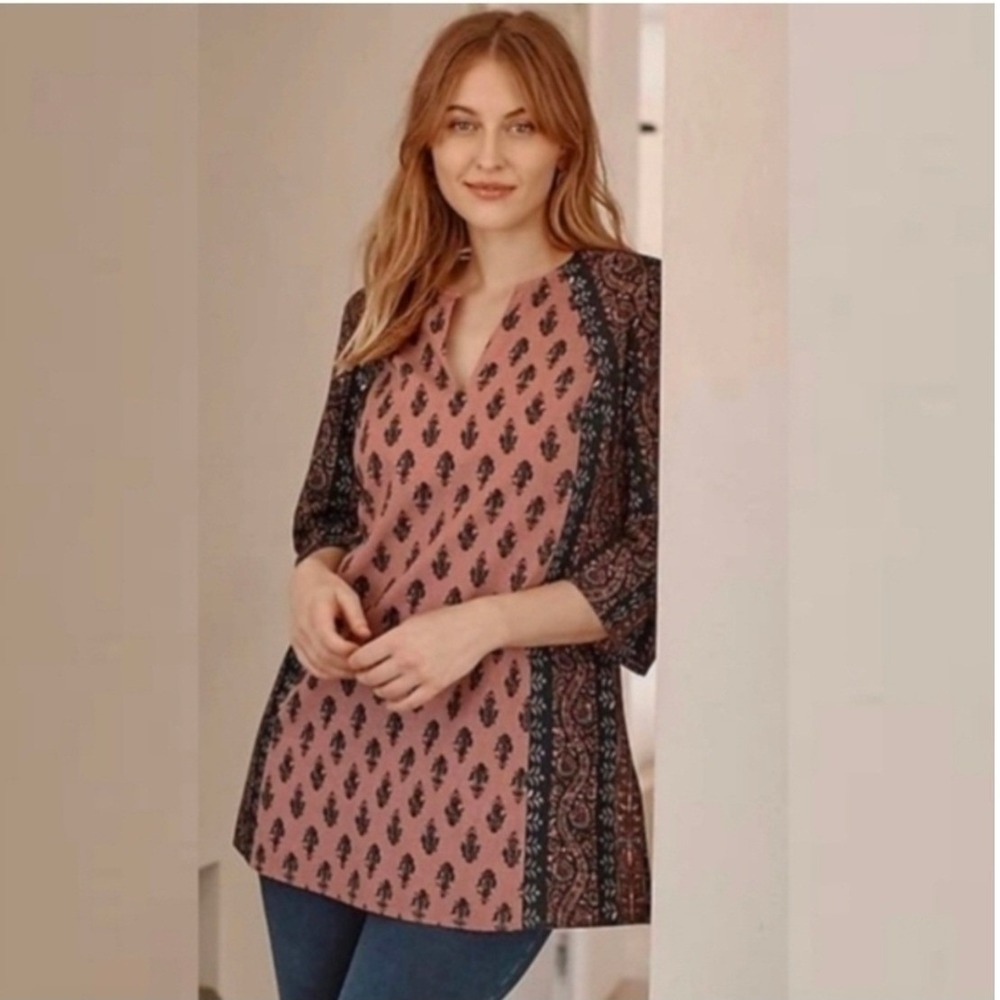 Pure Jill J. Jill Tunic Top Large Pink Folkloric Stamped Linen Blend Boho Slits